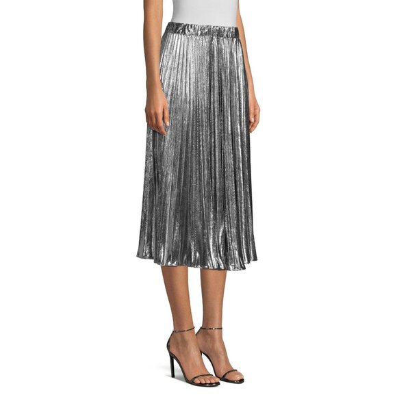 Michael Kors Pleated Silver Metallic Lamé Skirt with Elastic Waist S/M - Picture 7 of 10